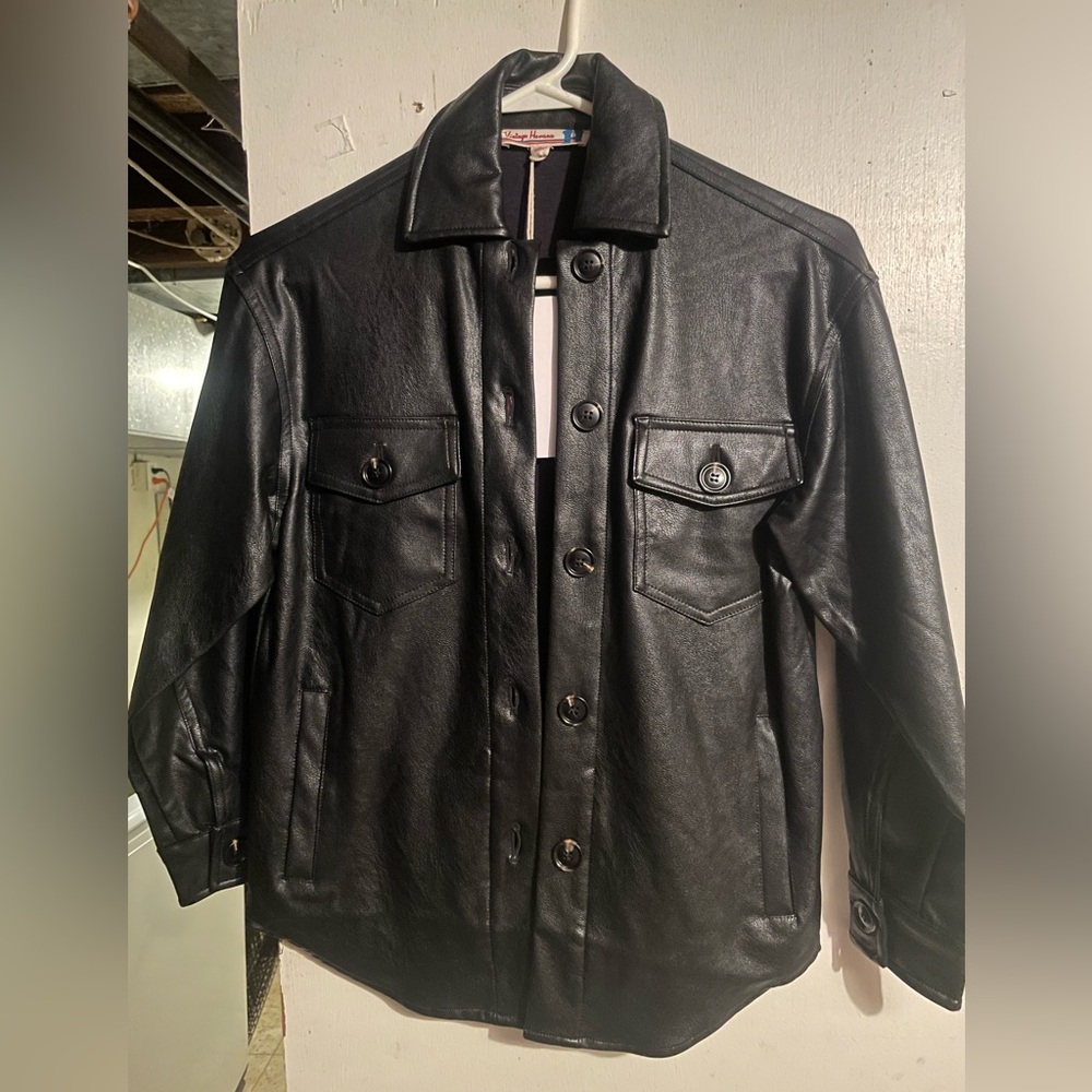 Girls size M black leather shirt jacket